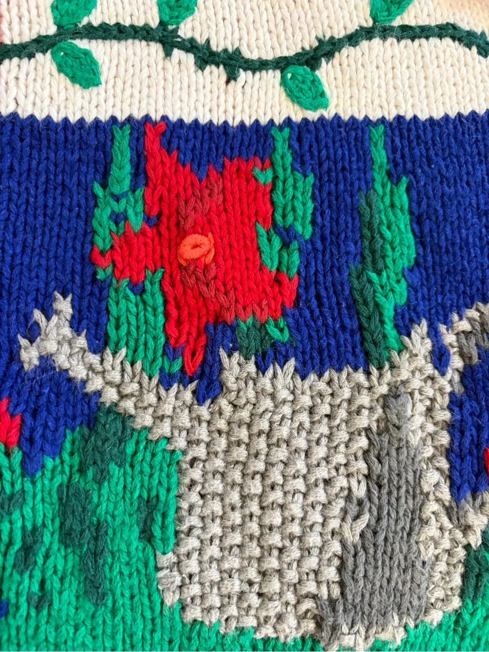 Vtg Karen Scott Hand Knit Sweater Spring Cardinal Bird Flowers Birdhouse Sz L - Picture 5 of 12